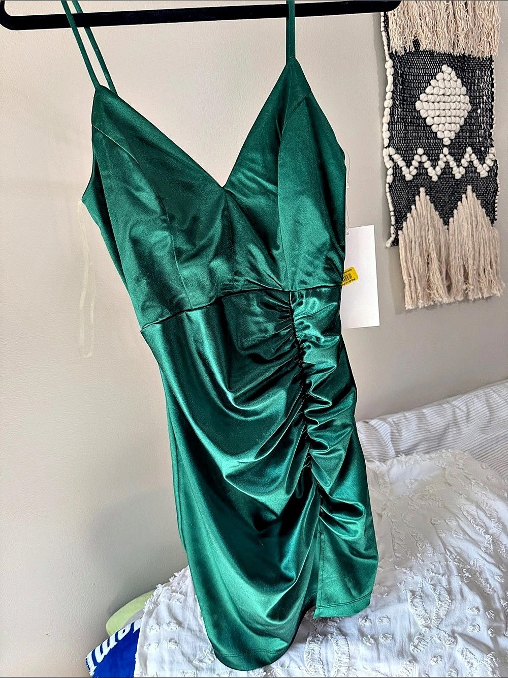 Honey and Rosie Ruched Satin Mini Dress Green Medium NWT